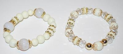 Collection of 2 Both White & "Crackled" Opaque Elastic GLOBES BRACELETS (2" Opening) with Clear Prism Bead Accents