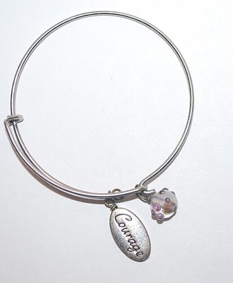 Vintage "COURAGE" BRACELET (2½" Opening) with Silver Tone Oval Charm & Lumpy Acrylic Bead on Curved Hook Closure