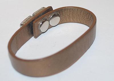 Brass Colored Leather-Like Strap BRACELET (2¼" Opening) with 2 Large Clear Rectangle Stone Accents and Button Snap Closure