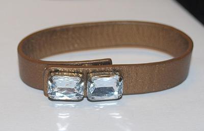 Brass Colored Leather-Like Strap BRACELET (2¼" Opening) with 2 Large Clear Rectangle Stone Accents and Button Snap Closure