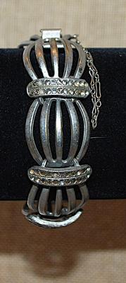 VINTAGE Metal Open Silver Tone Panels BRACELET (2" Opening) with Vertical Bejeweled Bars and Snap-In Style Closure