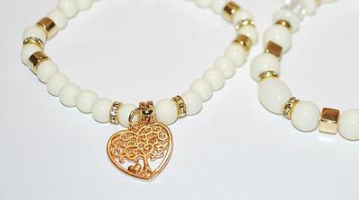 Collection of 2 White Pearl-Style BRACELETS (2" Opening) with "Tree of Life" Heart Dangle and Gold Tone Circles and Square...