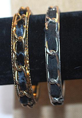 Collection of 2 Solid Black Ribbon BRACELETS (2¾" Opening) in Chain-Link Style and in Both Silver/Gold Tone