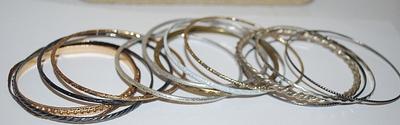 Collection of 14 BANGLE BRACELETS (2½" Opening) in Silver, Gold, Rose Gold, and Brass Tones