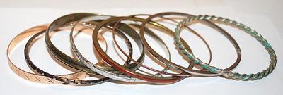 Collection of 8 Assorted BANGLE BRACELETS (-2½"+ Opening) in Gold, Orange, Silver, Black, Rose Gold, Brass & Patina Tones