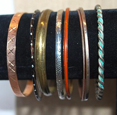Collection of 8 Assorted BANGLE BRACELETS (-2½"+ Opening) in Gold, Orange, Silver, Black, Rose Gold, Brass & Patina Tones