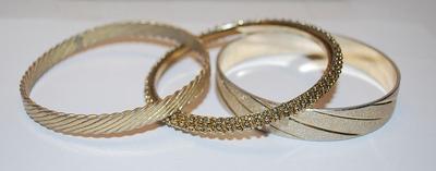 Collection of 3 Gold Tone BRACELETS (-2½"+ Opening) in Striped and Tiny Globes Patterns