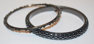 Collection of 2 BLACK BRACELETS (-2½"+ Opening) in "Checkered & Spiral Styles
