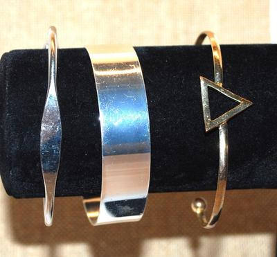 Collection of 3 CUFF BRACELETS (-2½"+ Opening) in Silver Tone and 1 with Triangle Gold Tone