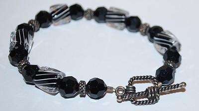 Black Striped Beads RETRO STYLE BRACELET (2¼" Opening) with Silver Tone + Black Prism Bead Accents and Toggle Clasp