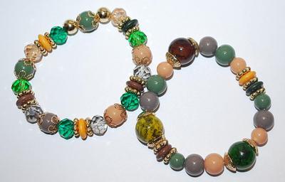 Collection of 2 Elastic BRACELETS (2" Opening) with Assorted Shades of Gray, Pink, Green & Coral Beads with Gold Tone "Bead...