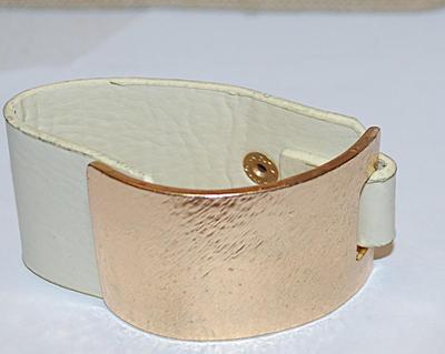 VINTAGE Beige Leather-Style CUFF BRACELET (2" Opening) with Brushed Gold Tone Side and 2 Snaps Closure