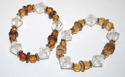 Collection of 2 Identical Elastic BRACELETS (2" Opening) with Amber & White Prism Beads