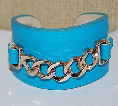 VINTAGE Blue Leather-Style CUFF BRACELET (2¼" Opening) with Silver Tone Chain Links