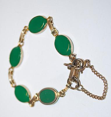 Green Enamel Ovals BRACELET (2" Opening) with SNAP Clasp + LOCKING SAFETY CHAIN