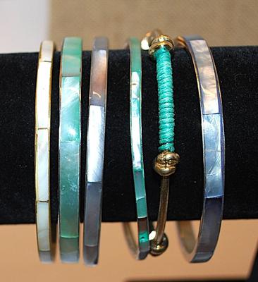 Collection of 6 "Mother-of-Pearl" Style BANGLE BRACELETS (-2½"+ Opening) in Blues & Grays