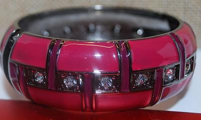 SANGRIA RED CUFF BRACELET (2¼" Opening) with Clear Round Stones Middle Row and Vertical Accent Lines on a Spring-Load Close