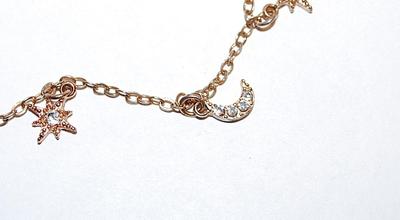 Gold Tone Chain "STARS & MOON" BRACELET (3" Opening) with Bejeweled Stars and Moon and RING and Globes Clasp