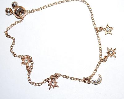 Gold Tone Chain "STARS & MOON" BRACELET (3" Opening) with Bejeweled Stars and Moon and RING and Globes Clasp