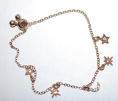 Gold Tone Chain "STARS & MOON" BRACELET (3" Opening) with Bejeweled Stars and Moon and RING and Globes Clasp