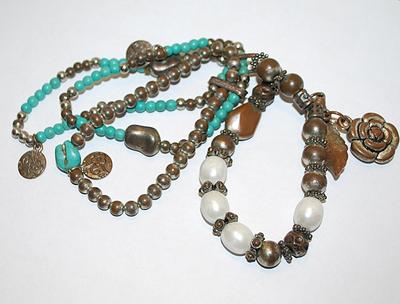 Two Connected BRACELETS (3" Opening) Attached by Oblong Loop and Blue, Brown, Silver Tone & White Beads & Assorted Charms