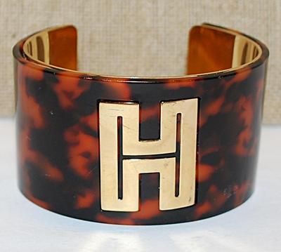 Dark "Tortoise Shell" Color CUFF BRACELET (2¼" Opening) with Large Letter "H" Accent and Gold Tone Shiny Inside