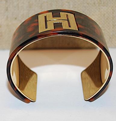 Dark "Tortoise Shell" Color CUFF BRACELET (2¼" Opening) with Large Letter "H" Accent and Gold Tone Shiny Inside