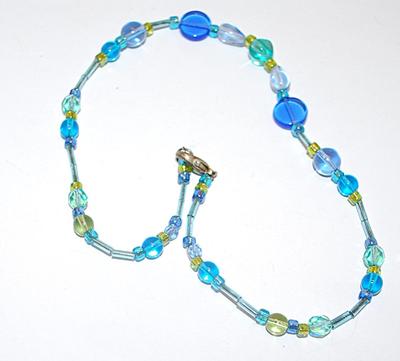 Small NECKLACE with Assortment of Blue, Green & Aquamarine Colored Beads and with a Lobster Clasp 13" L