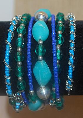 Blue & Green WRAP-AROUND 8 Strand BRACELET (2¼" Opening) with Small, Medium and Large Beads