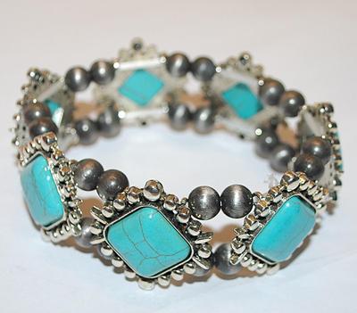 Showy Solid ELASTIC "Crackled" JADE STONES BRACELET (2½" Opening) with Silver Tone Globe Accents