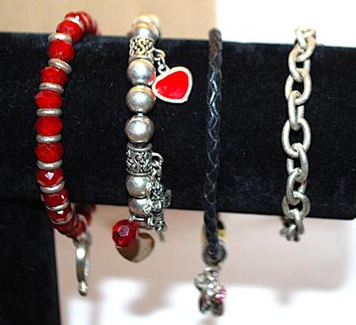 Collection of 4 Charm-Style BRACELETS (2¼" Average Opening) with Red Hearts, Angels, USA Flag & Pink Bowtie Charms