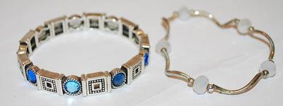 Collection of 2 Elastic BRACELETS (2" Opening) with BLUE Round Stones + Square Accent Segments and Opaque Prism Stones and Wire Curves