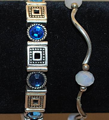 Collection of 2 Elastic BRACELETS (2" Opening) with BLUE Round Stones + Square Accent Segments and Opaque Prism Stones and Wire Curves
