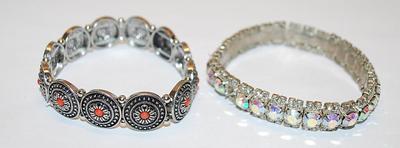 Collection of 2 Elastic BRACELETS (2"+ Opening) with Silver Colored Disks & Orange Centers and Infinity Iridescent Stones (1...