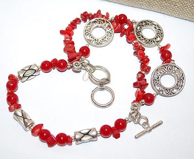 Red Beaded 3 Strand Large Opening UPPER ARM/BRACELET (4½" Opening) - Marked "JC" - with 3 Designed Disks & Toggle Clasp