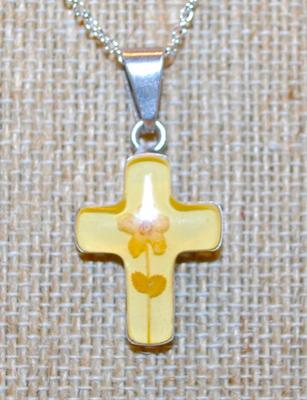 .925 Silver Acrylic Flower Cross PENDANT (¾" x ½") on a Silver Tone Necklace Chain 18" L