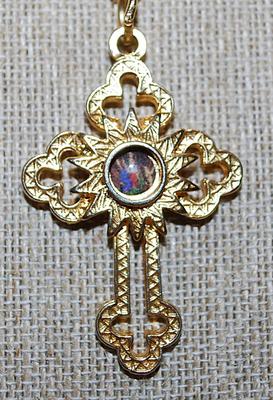 Bright Gold Colored "TABERNACLE" CROSS/PENDANT (2" x 1¼") on a Gold Tone Necklace Chain 18" L