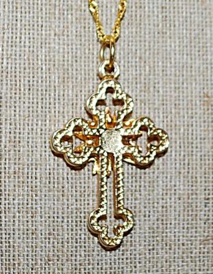 Bright Gold Colored "TABERNACLE" CROSS/PENDANT (2" x 1¼") on a Gold Tone Necklace Chain 18" L