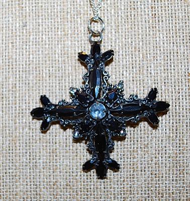 Black MALTESE CROSS NECKLACE PENDANT (2" x 2") with Black Acrylic Segments, Clear Stones & Lobster Clasp and Silver Tone...