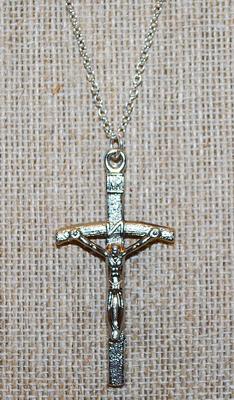 Metal Silver Tone CROSS with a Down Curved Cross-Brace & a Silver Tone Necklace Chain 17" L