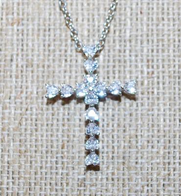 14 Clear Stones Cross PENDANT (1¼" x ¾") on a Silver Tone Necklace Chain 17" L