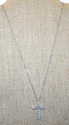 Diamond-Style Clear Stones CROSS with 7 Down & 5 Across Setting 1" x ¾" on a Silver Tone Necklace Chain 16" L
