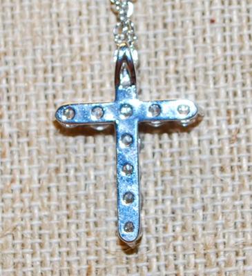 11 Diamond Style Bright Stones Cross PENDANT (1¼" x 1") Back Hook Attachment on a Silver Tone Necklace Chain 17" L