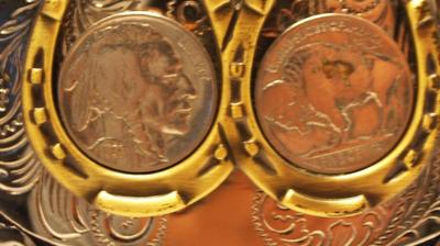 Unique "Buffalo Nickels & Horseshoes" Belt Buckle 3 1/2" x 2 1/4"
