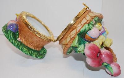 Large EASTER Themed Jewelry Hinged Trinket Basket with Tulips, Baby Chicks, Colored Eggs and Flowers -- 6" H with a 4" Base