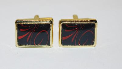 NEW CUFFLINKS SET with Red Swirls on Black Center RECTANGLE on a Gold Tone Setting