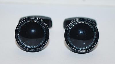 NEW CUFFLINKS SET with a ROUND Shape & Black "Button" Center & an All BLACK Tone Setting