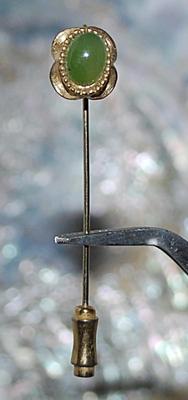 GREEN Oval Cabochon Cut Stone PIN (2" L) with Pin Guard & Loop Surrounds on a Gold Tone Setting