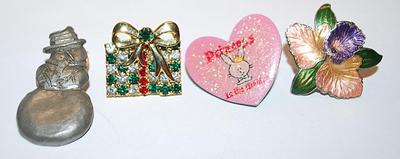 Collection of 4 TACKS/PINS Including Heart, Snowman, Bejeweled Gift and Flower
