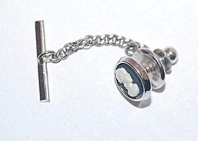 White-on-Black CAMEO TIE PIN & CHAIN (¼") in Silver Tone